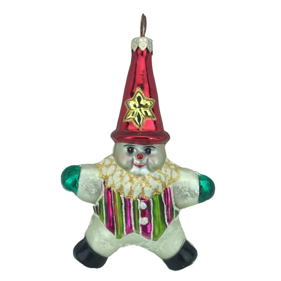 Christopher Radko Star Shaped Clown Snowman Red Hat Glass