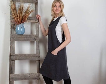 Linen Tunic Dress Overalls Washed Linen Summer Pinafore Artist Smock Linen Tunic Sleeveless Linen Dress Made to Order Plus Size