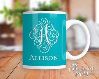 Seaspray Monogram Ceramic Mug - Personalized Coffee Cup with Script Single Initial - Custom Printed Mug - Birthday, Wedding or Shower Gift