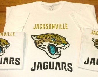 Jacksonville Jaguars Football Glitter HTV T-Shirt, Monogrammed Jacksonville Jaguars Football T-Shirt, Gold and Teal Football HTV T-Shirt