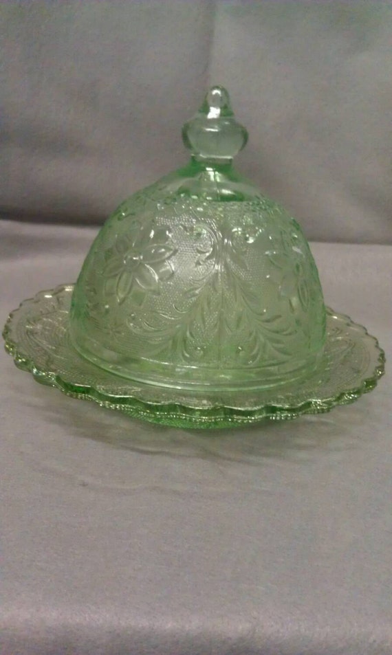 Tiara Chantilly Green Glass Butter Dish