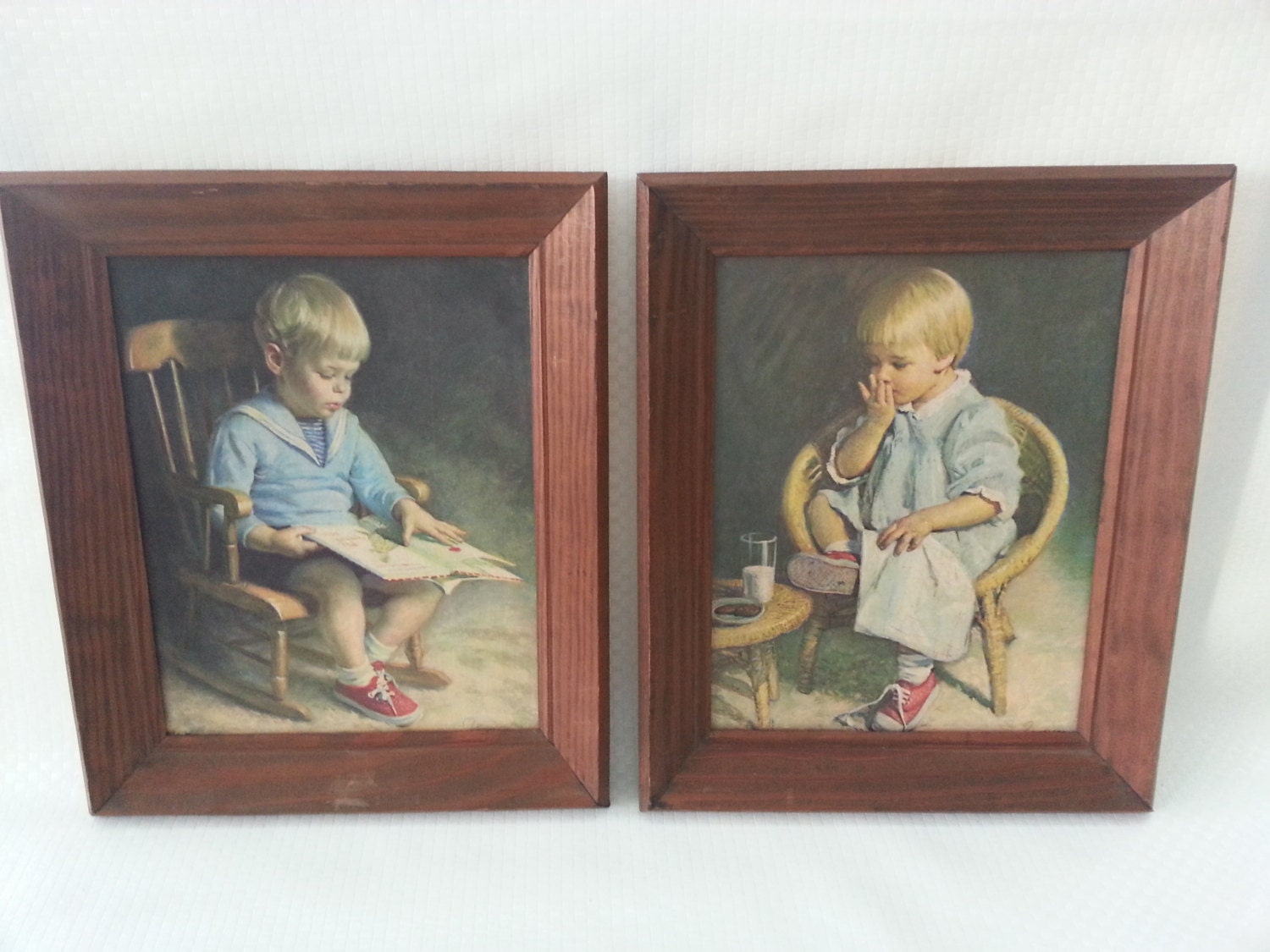 Vintage Wood Framed Boy and Girl Nursery Prints by ...