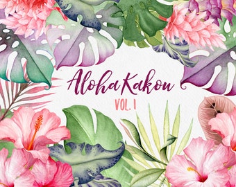 Watercolour flowers, Hawaii clipart, Tropical flowers, Hibiscus, Ginger, Summer floral, palm leaves, fern, wedding invite, scrapbooking