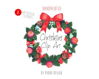 Christmas wreath Clipart, Xmas clipart, Christmas, Xmas Lease, Watercolor Clipart, Holiday clip art, Digital Printable, Commercial Use