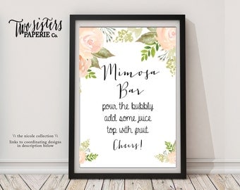 Bridal Shower Mimosa Bar Sign - Floral Watercolor - NICOLE Collection - Floral Mimosa Bar Sign - Printable Mimosa Bar