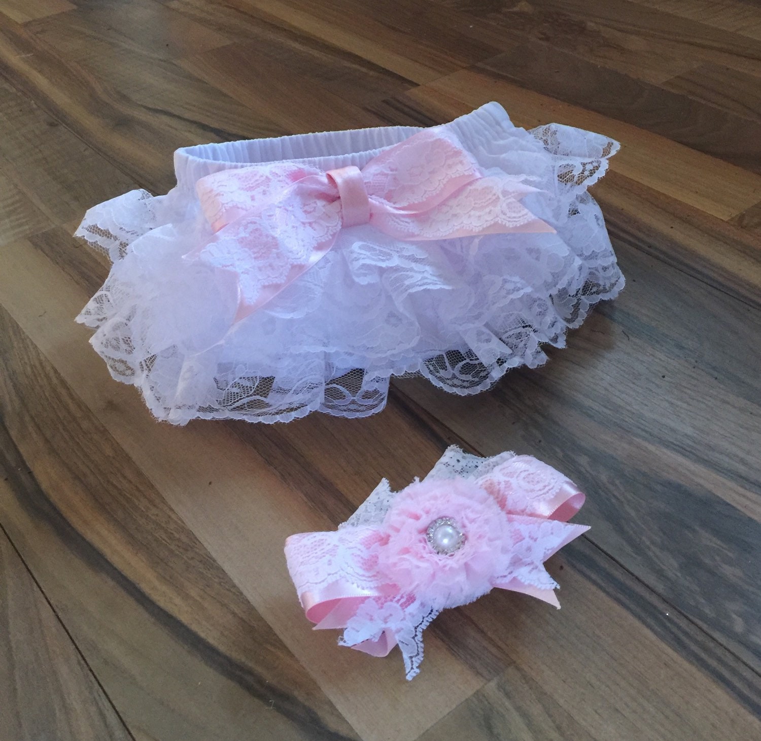 Baby Bloomer And Headband Set Vintage Lace by SundayChildBoutique