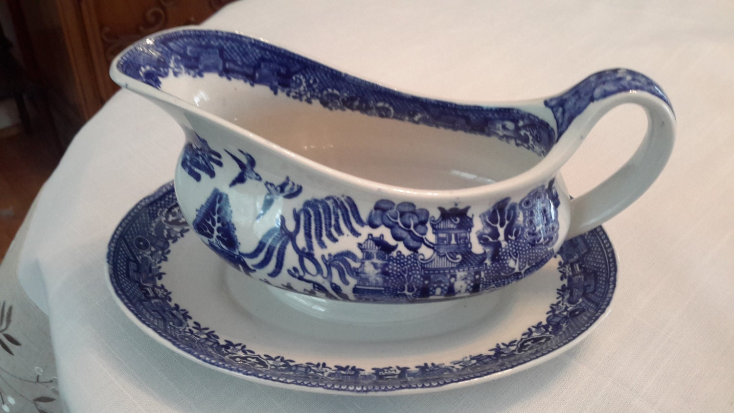 Vintage Staffordshire Blue Willow Gravy Boat with attached