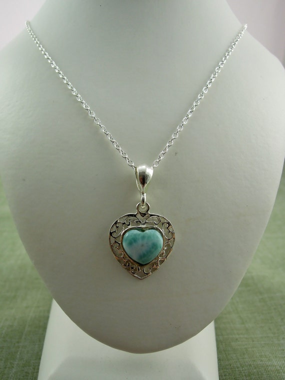 Sterling Silver Heart Necklace with Larimar Stone Center