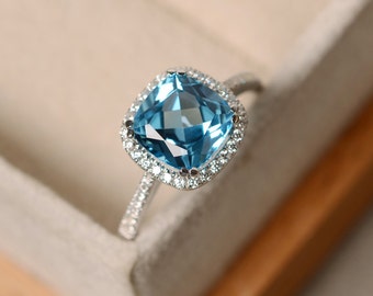 Swiss blue topaz ring, cushion cut, sterling silver, gemstone