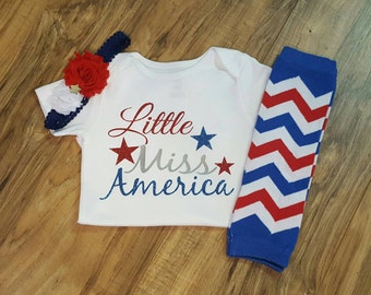 Fourth of July baby- 4th of july outfit, baby girl, shirt for girls, miss america, 4th of July outfit girl, glitter baby shirt, leg warmers