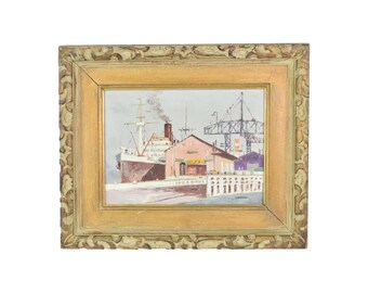 Mid-Century Impressionist Oil Painting Industrial Wharf Scene by Shigeo Wakaishi