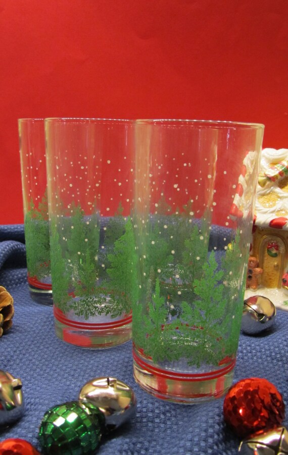 Christmas Glasses Libbey Pine Tree Embossed Glass Vintage 80s