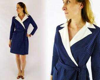 Navy Blue Polka Dot Wrap Around Dress Medium