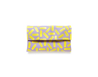 Dashed bright yellow and purple wallet, faux leather iPhone case, iPhone wallet case, graphic pouch, colorful pouch, small woman purse