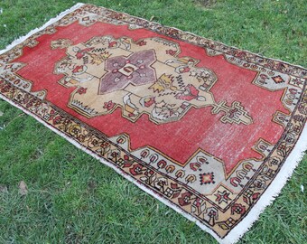 Vintage Turkish Rug Anatolian Handmade Home Decor Area Rug Carpet, Vintage Oushak Floor Red Decorative Rug Carpet- 230x132cm,92"x53"