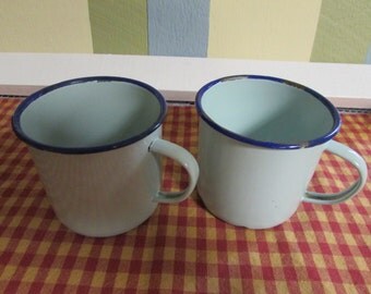 Email green with VINTAGE Green Royal Blue Contour cups With Light Blue Trim Enamelware Cups VTG old Cup Camping Rare Peacock