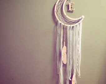 Dreamcatcher, baby gift, baby mobile, personalised dreamcatcher, new baby, wood, monogram gift, bohemian, crescent moon, engraved feather