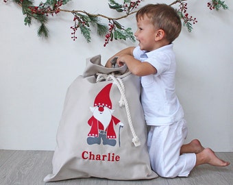 Personalised Santa Sack in Stone with Santa, Christmas Sack, Christmas Bag, Christmas Decor for Kids
