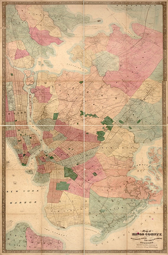 Map of Brooklyn Kings County with parts of Westchester