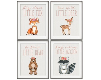 Woodland Nursery, Girl Boho Nursery Art, Fox Print, Bear Print, Raccoon Print, Owl Print, Woodland Animals, Boho Decor, Animal Nursery Art