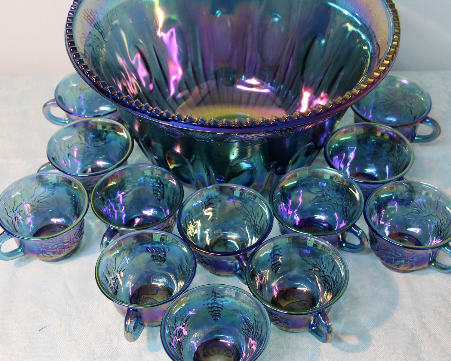 Blue Carnival Glass Punch Bowl Iridescant Blue Harvest