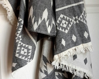 Boho Style Blanket Throw - Stonewashed Cotton throw - Beach Blanket with fringes - Geometric pattern blanket - Double sided throw