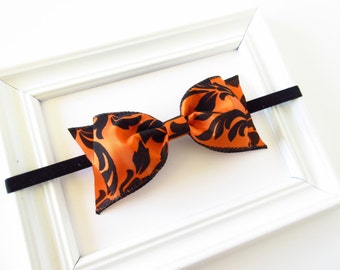Halloween headband, baby toddler girls large Halloween bow headband, orange and black large hair bow headband