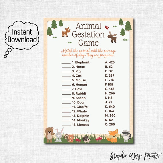 gestation worksheet animal Gestation Baby Woodland Animal Game Shower Animal Printable