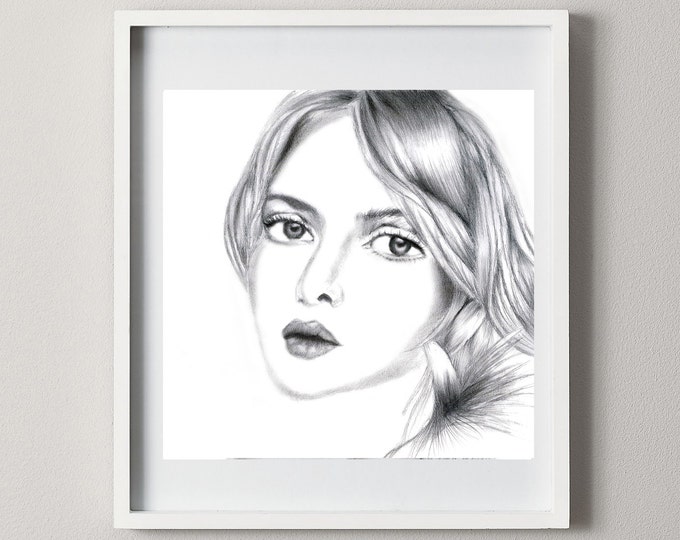 Original Hand Drawings, Print Woman Art, Pencil Drawing, Hand Drawn Girl, Graphite Printable, Digital Pencil Portrait, Beautiful Girl Poster