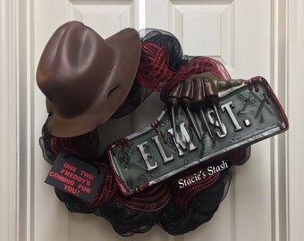 Halloween Wreath, Freddy Krueger, Elm St., Nightmare On Elm Street, Halloween Decor, Halloween, Scary Wreath, Freddy
