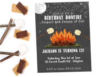 Bonfire Birthday Invitation, S'mores Birthday, Bonfire Birthday, Camping Birthday Party Invitation, Birthday Party, Bonfire Party