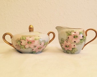 Vintage 1970 Hand Painted Sugar Bowl and Creamer Set