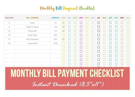 Monthly Bill Payment Checklist Monthly Bill Tracker Bill