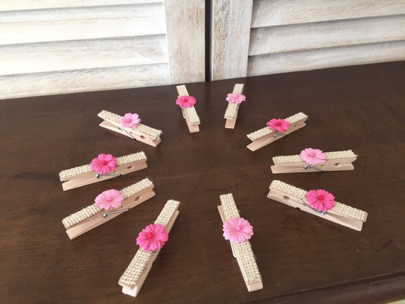Set of 10 Rustic Pink Girl Baby Shower Clothes Pins burlap