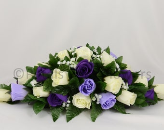 Silk Wedding Flowers, Purple, Lilac & Ivory Rose Top Table Decoration
