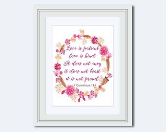 Love is patient - 1 Corinthians 13:4 - Boho print - Bible verse - Love is print - scripture pink print - gift for her - bohemian art print