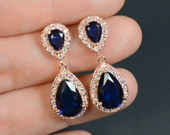 navy blue ROSE GOLD Wedding Jewelry Bridesmaid Gift Bridesmaid Jewelry Bridal Jewelry Drop Earrings Cubic dangle Earring,bridesmaid gift