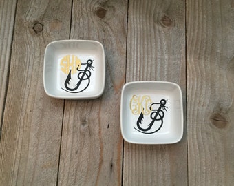 Monogrammed Jewelry Dish, Ring Dish, Personalized Ring Dish, Gift for Fisher, Teacher Gifts, Fishing Gift, Fishing Hook, Christmas Gifts