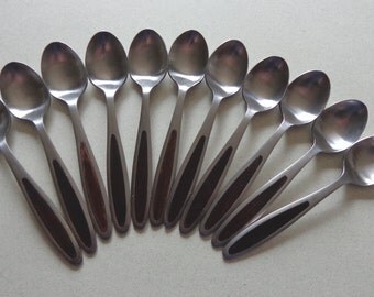 Vintage 11 Demitasse Spoons Stainless Flatware with Wood Inlay on handles Japan