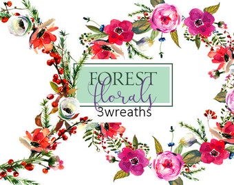 Christmas Wreaths Floral Clipart Watercolor Flowers Winter Wreath DIY Greeting Cards Printables Digital Instant Download Christmas Clip art