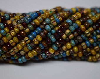 6/0 Aged Seed Beads, Aged Caribbean Blue Picasso Mix, Czech Glass Seed Beads, 20inch Strand (Approx 145-160 Beads)