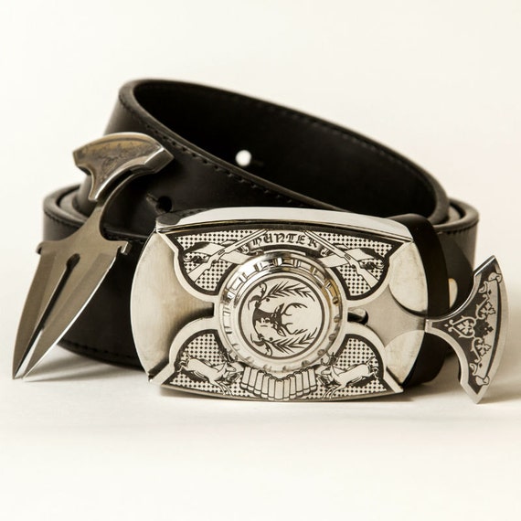 Leather belt with 2 knives in buckle / Stainless steel buckle