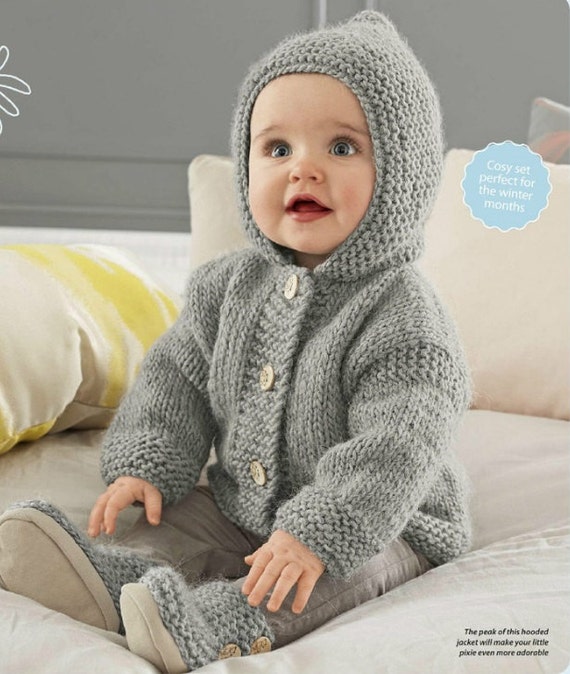 Baby Hooded Jacket Chunky Easy Knit Knitting Pattern. PDF
