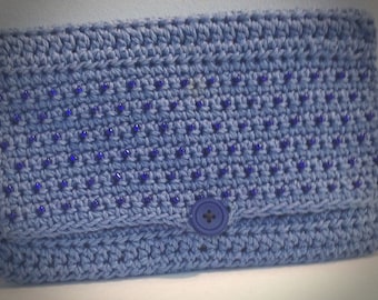 Beaded clutch Blue clutch purse Blue lined clutch Cotton clutch Crocheted beaded clutch