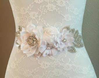 Bridal sash, white sash, all white sash, floral bridal sash, wedding sash, something blue, something new, wedding dress sash,