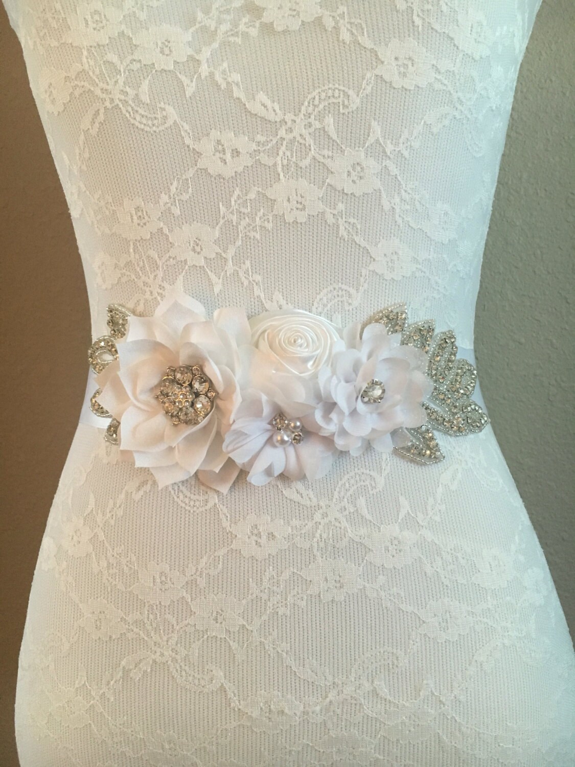 Bridal sash white sash all white sash floral bridal sash