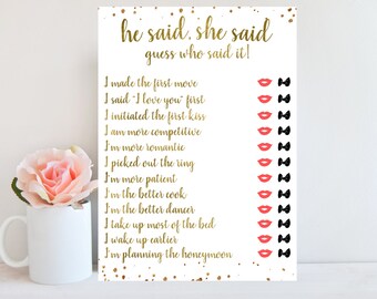 He Said She Said Bridal Shower Game, Gold Glitter Confetti, Wedding Shower Game,Gold Bridal Shower Activity Printable Instant Download BRSG1