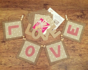 LOVE bunting kit, bunting kit, make your own bunting, burlap bunting, rustic bunting, applique bunting kit, sewing kit, LOVE bunting