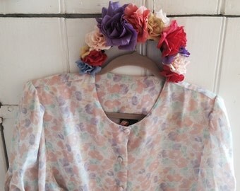 blouse pastel striped rainbow secretary floral embroidery