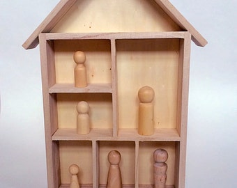Wooden Peg Doll Family Set, Wooden Shelf House, Montessori, Waldorf Educational Resource, Classroom, Teaching Aid